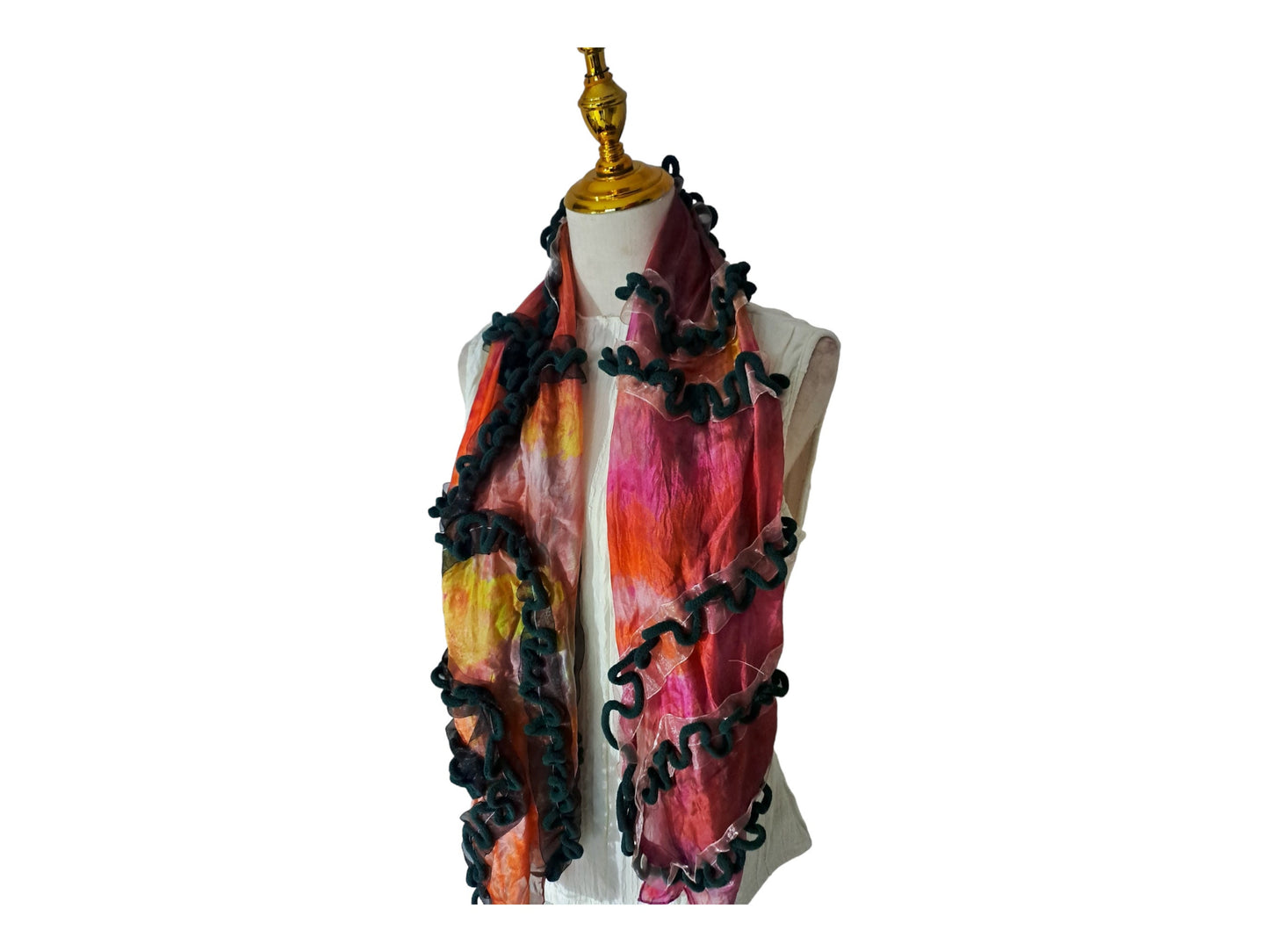 Handmade Hippy Silk Shawl: Orange & Green with Black Ribbons