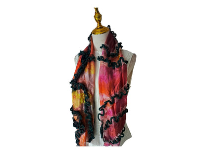 Handmade Hippy Silk Shawl: Orange & Green with Black Ribbons