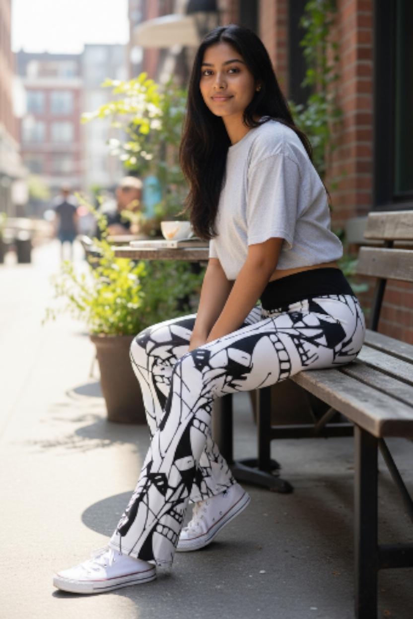 Bold Abstract Graphic Print Flare Leggings | Black & White High Waisted Trousers