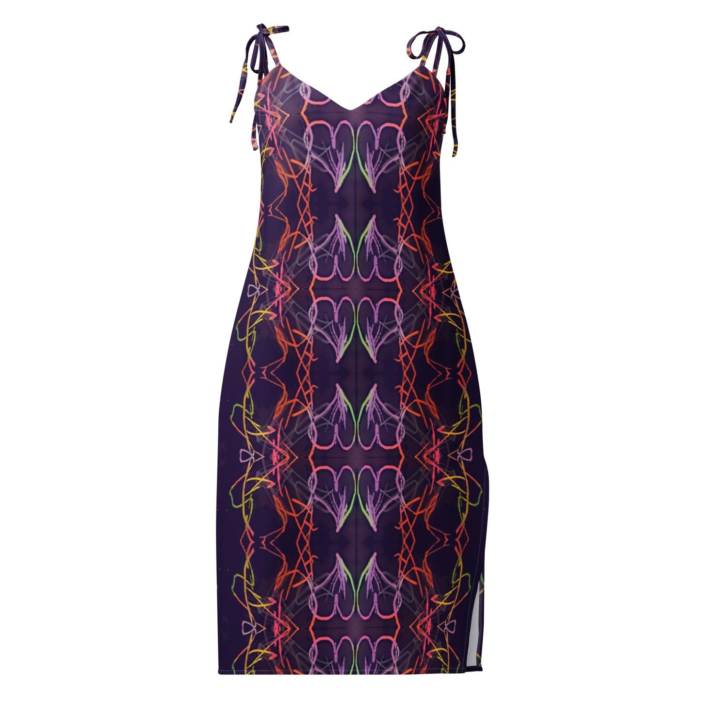 Abstract Pattern Tie-Strap Midi Dress: Handmade Summer Chiffon