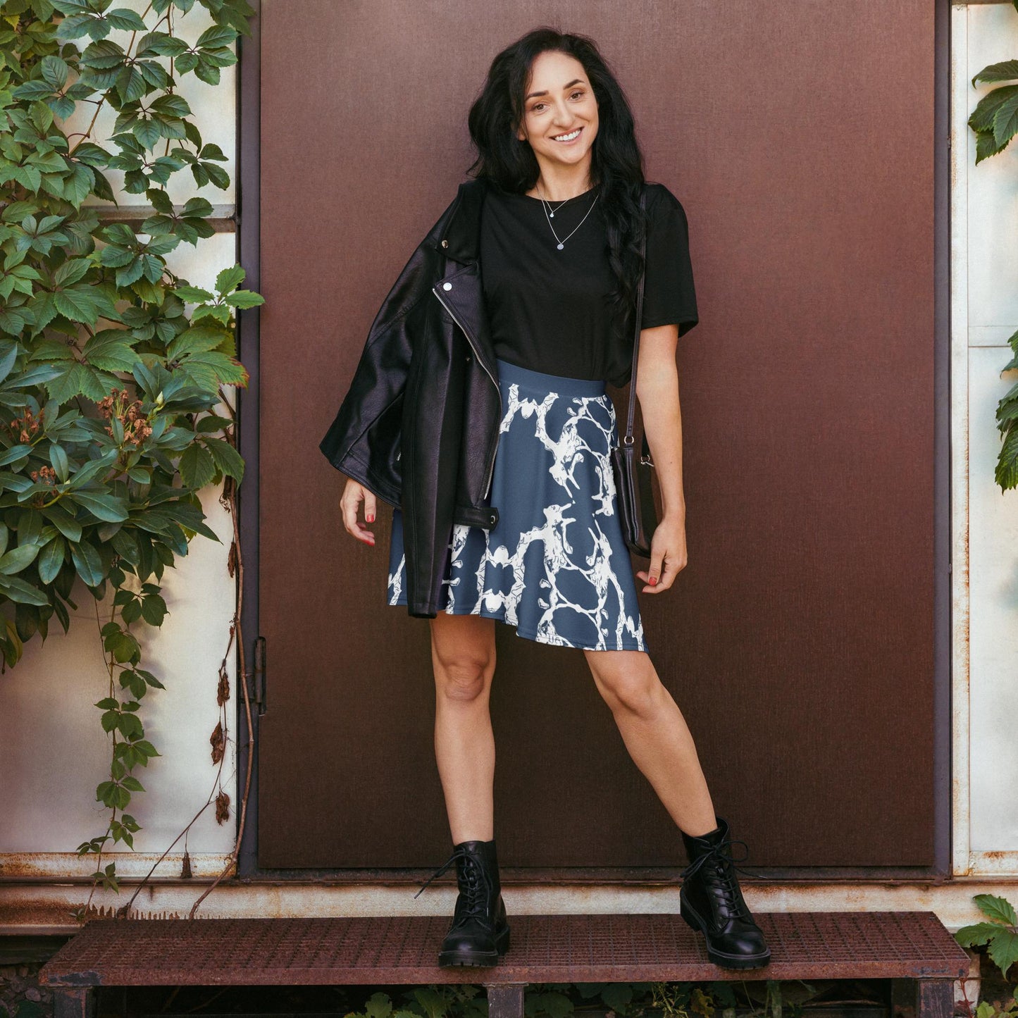 Navy Blue Skater Skirt: Abstract Print, Elastic Waist