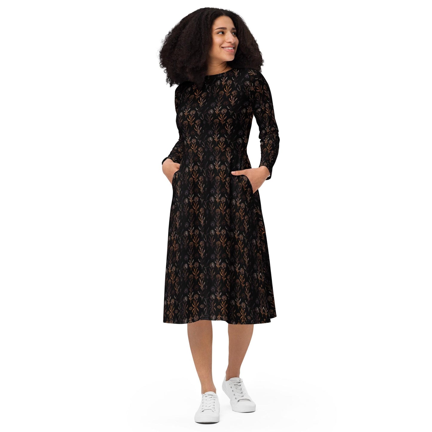 Floral Maxi Dress: Black & Gold Flared Long Sleeve Midi