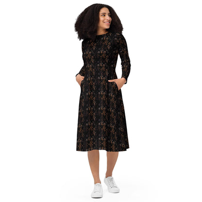 Floral Maxi Dress: Black & Gold Flared Long Sleeve Midi