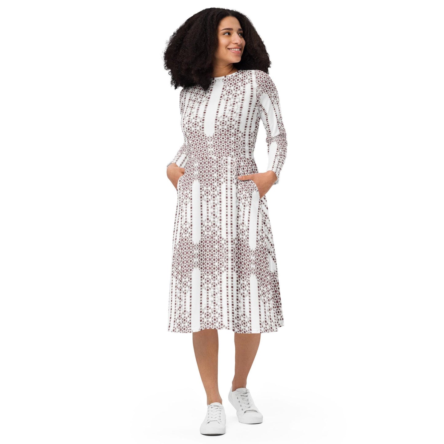 Bronze & White Skater Dress | Long Sleeve Midi with Pockets