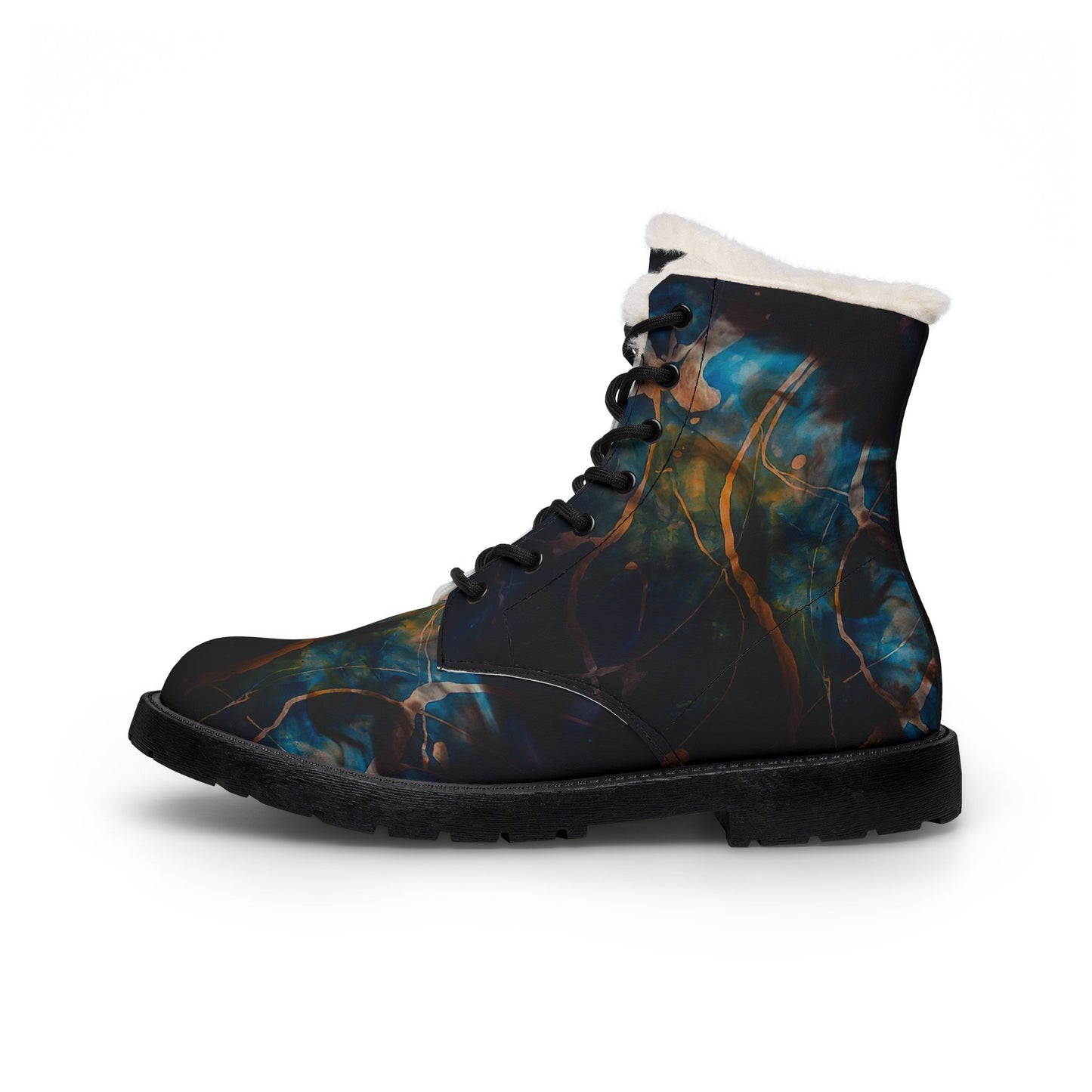 Women's Fur-Lined Leather Boots — Abstract Blue Floral Winter Combat Boots