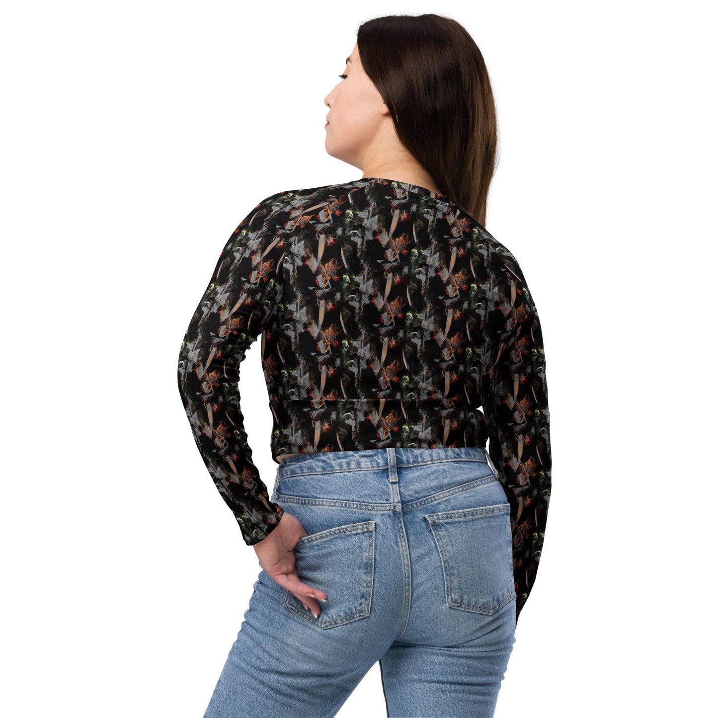 Recycled Polyester Crop Top, Abstract Print Long Sleeve, UPF 50+