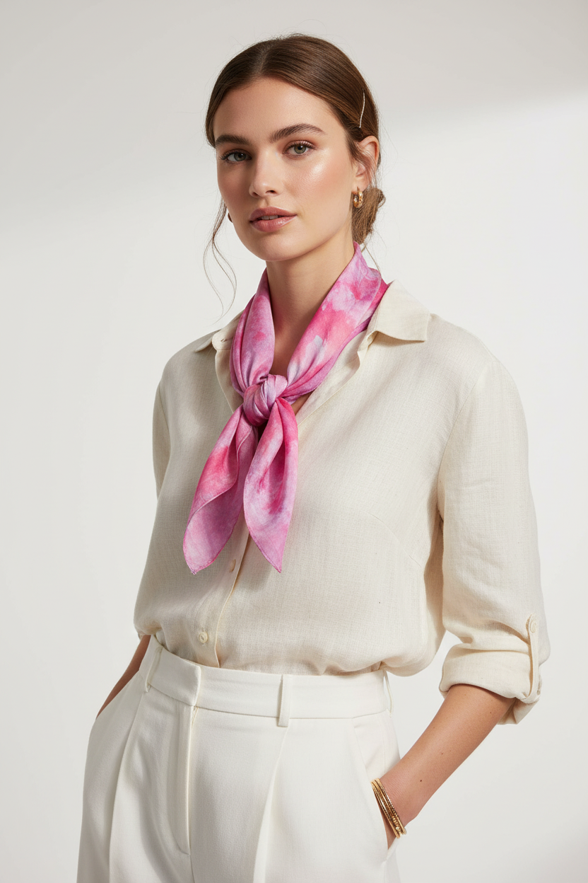 Pink Silk Scarf: Golden Yellow Watercolor Design, Elegant Soft Accessory