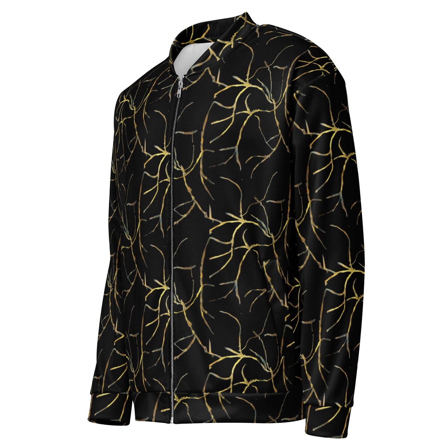 Black and Gold Bomber Jacket: Abstract Leaf Pattern, Lightweight Outerwear