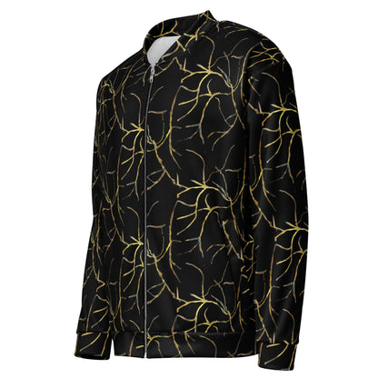 Black and Gold Bomber Jacket: Abstract Leaf Pattern, Lightweight Outerwear