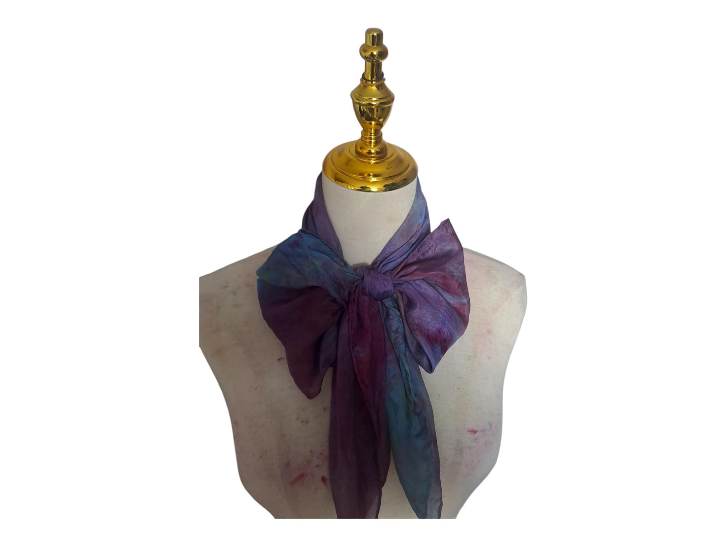 Hand-Dyed Silk Scarf with Brooch, Purple, Blue, Pink Watercolor