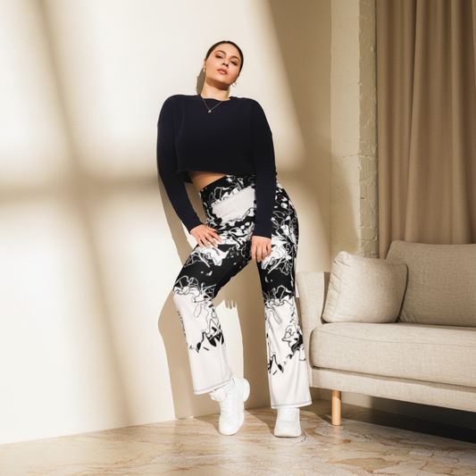 Abstract Flare Leggings: Black & White Groovy High-Waisted Pants