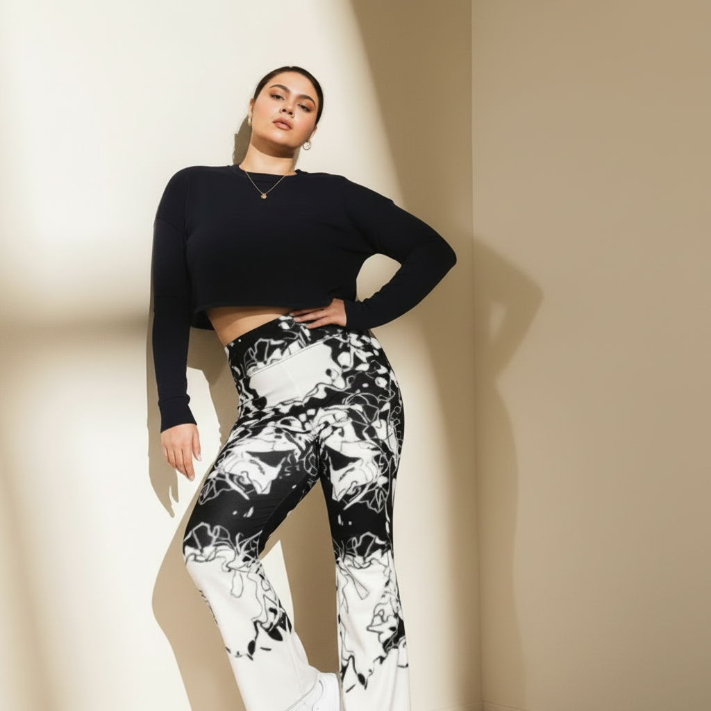 Abstract Flare Leggings: Black & White Groovy High-Waisted Pants