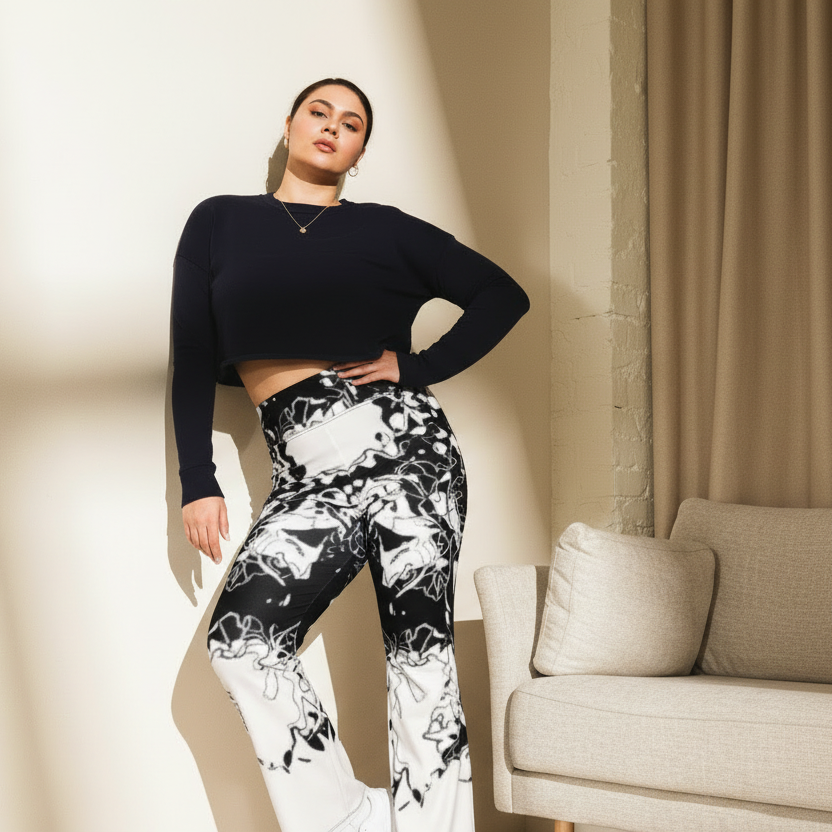 Abstract Flare Leggings: Black & White Groovy High-Waisted Pants