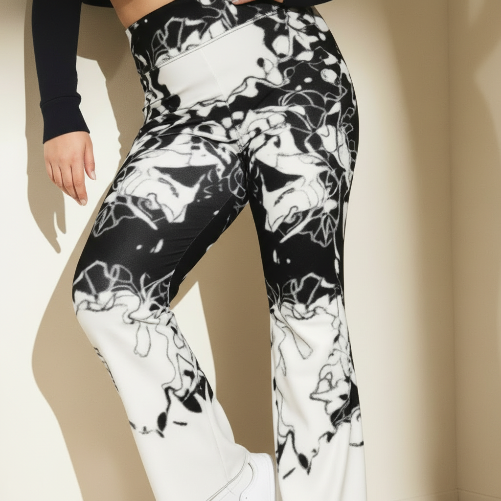 Abstract Flare Leggings: Black & White Groovy High-Waisted Pants