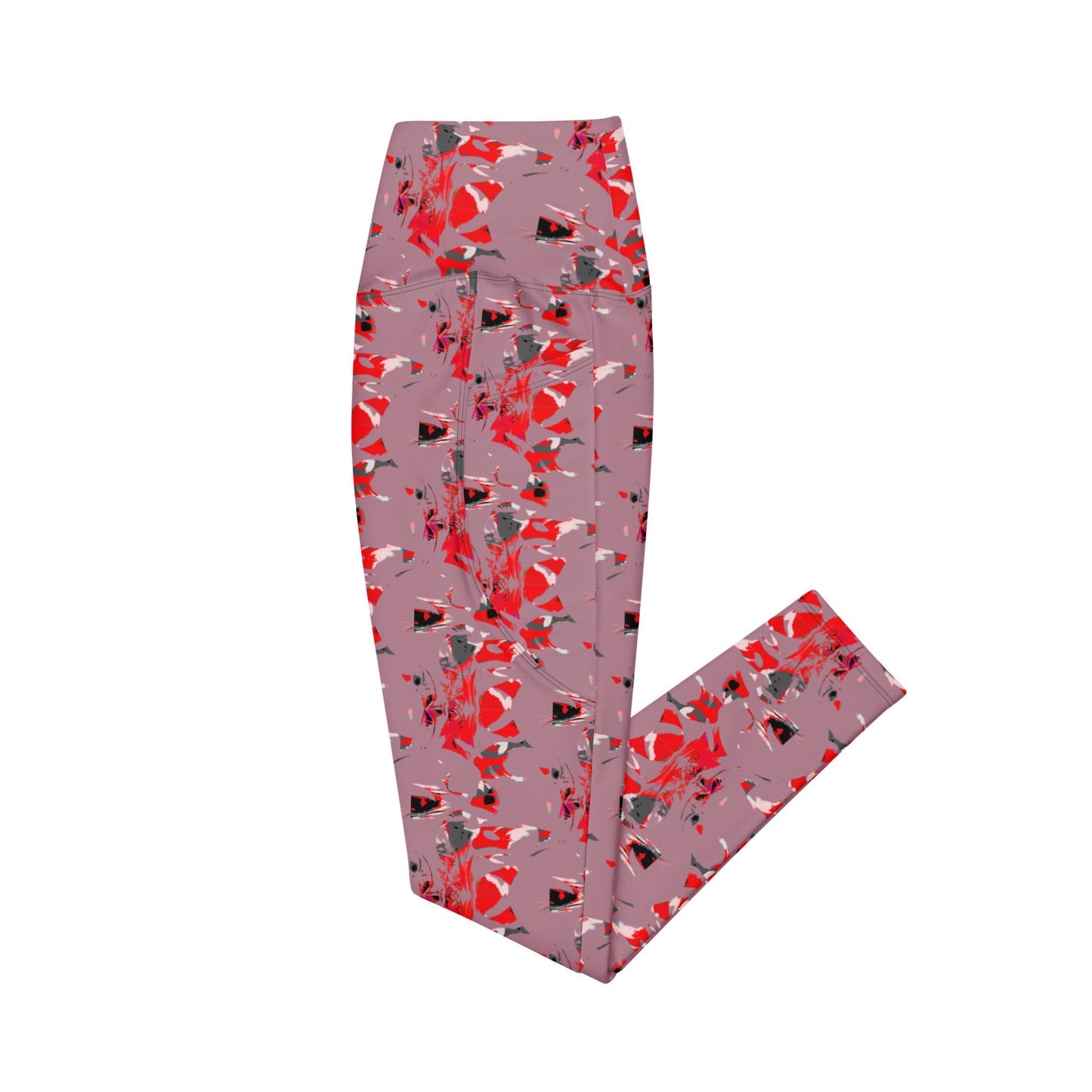 Floral Print Pocket Leggings – Casual Lavender Leggings with Red & Black Blossom Pattern