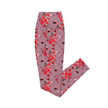 Floral Print Pocket Leggings – Casual Lavender Leggings with Red & Black Blossom Pattern