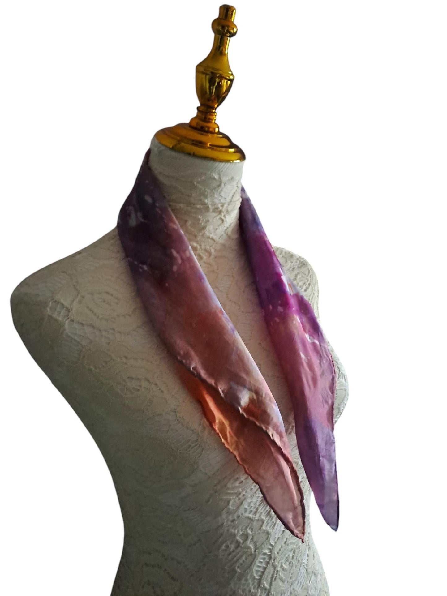 batik silk scarf- orange and purple neckerchief small gift for a loved one.