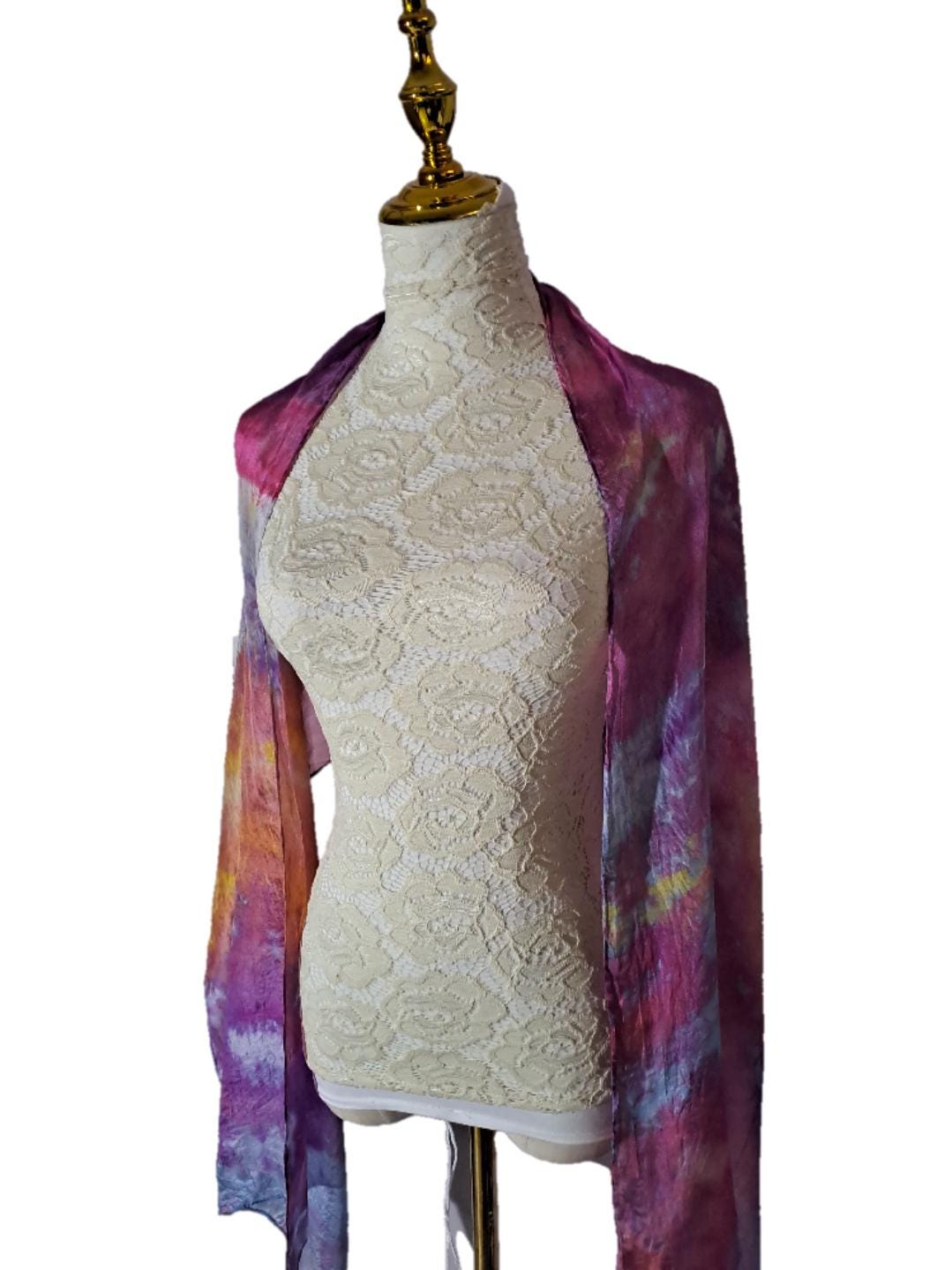 Hand Dyed Silk Scarf: Purple Orange Watercolor Boho Shawl
