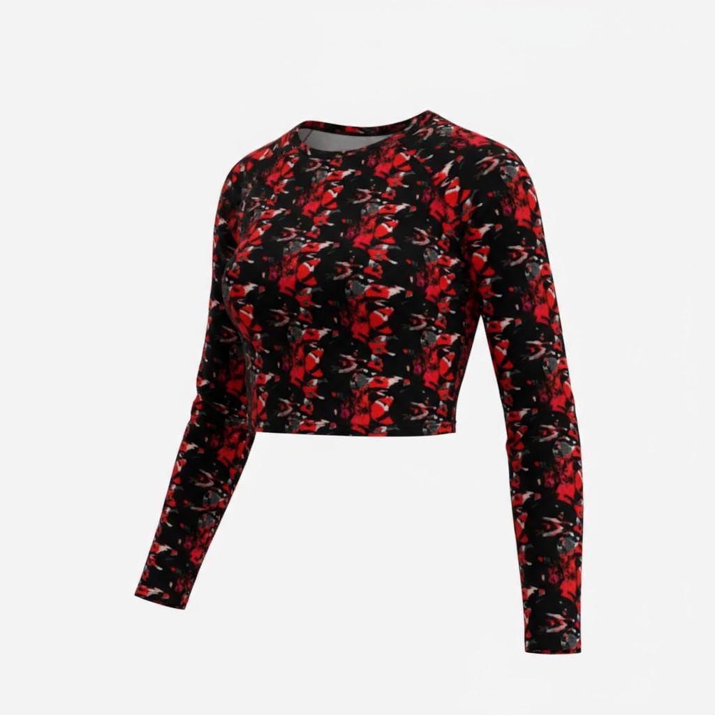 Recycled Abstract Crop Top: Vibrant Long Sleeve Streetwear