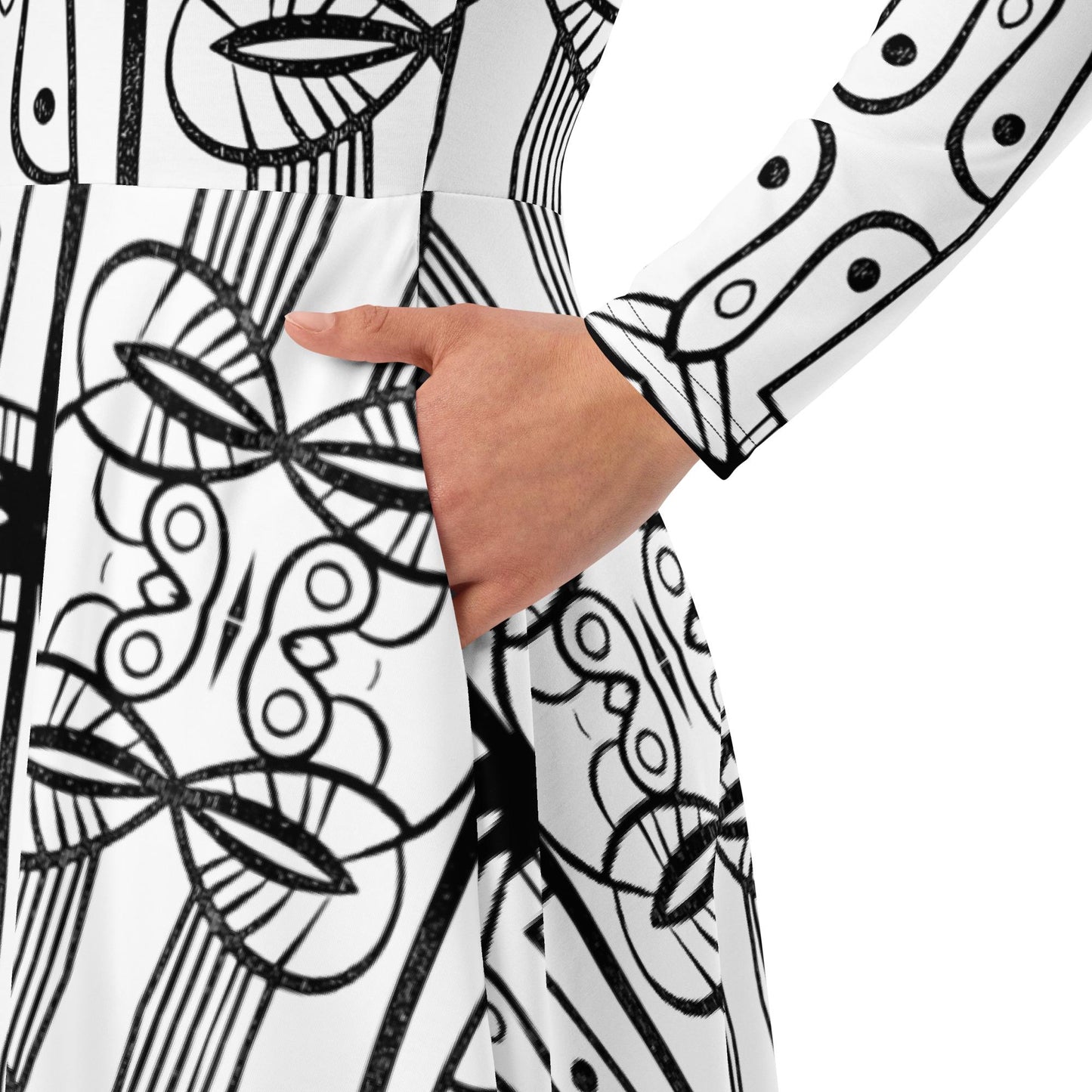 long sleeve midi dress abstract black and white print, casual dress