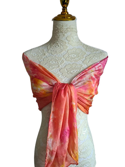 Pink and Gold Silk Scarf: Ice Dyed Handmade Shawl