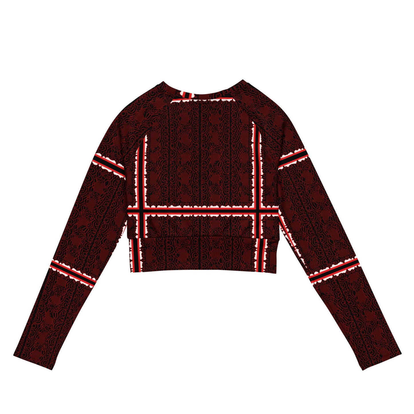 Burgundy Crop Top | Geometric Grid, Long Sleeve Fall Fashion