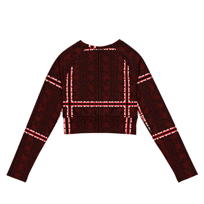 Burgundy Crop Top | Geometric Grid, Long Sleeve Fall Fashion