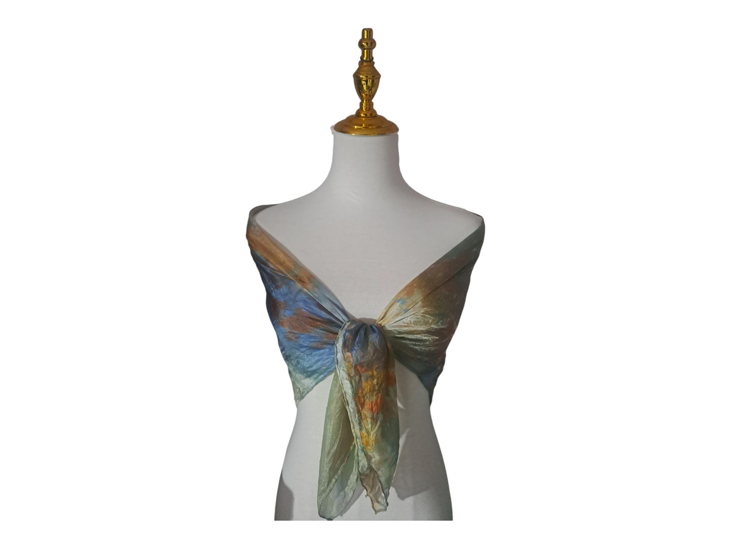 Blue and yellow gold square scarf, stunning abstract design in shades of blue, perfect for adding elegance to any outfit, great gift idea.