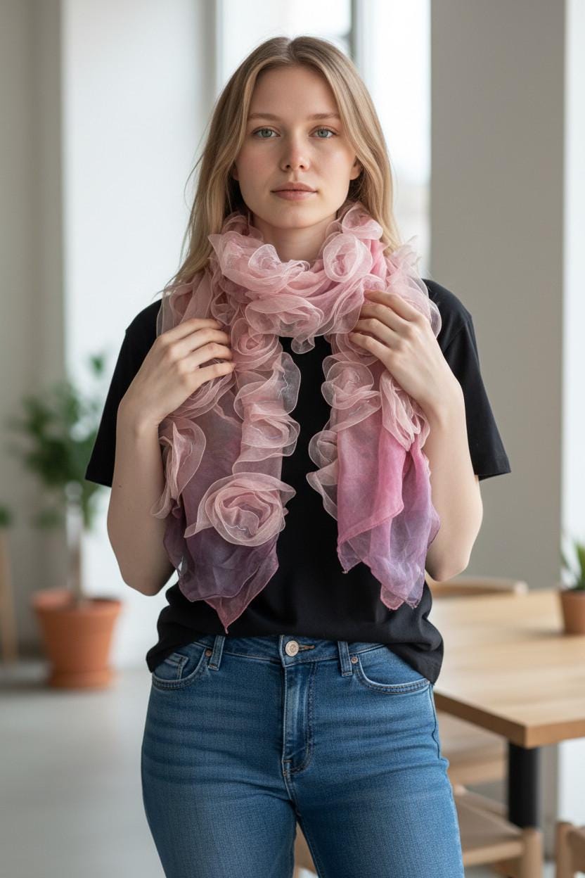 Pink Silk Scarf with Golden Ribbons, Snap Closure Neck Scarf