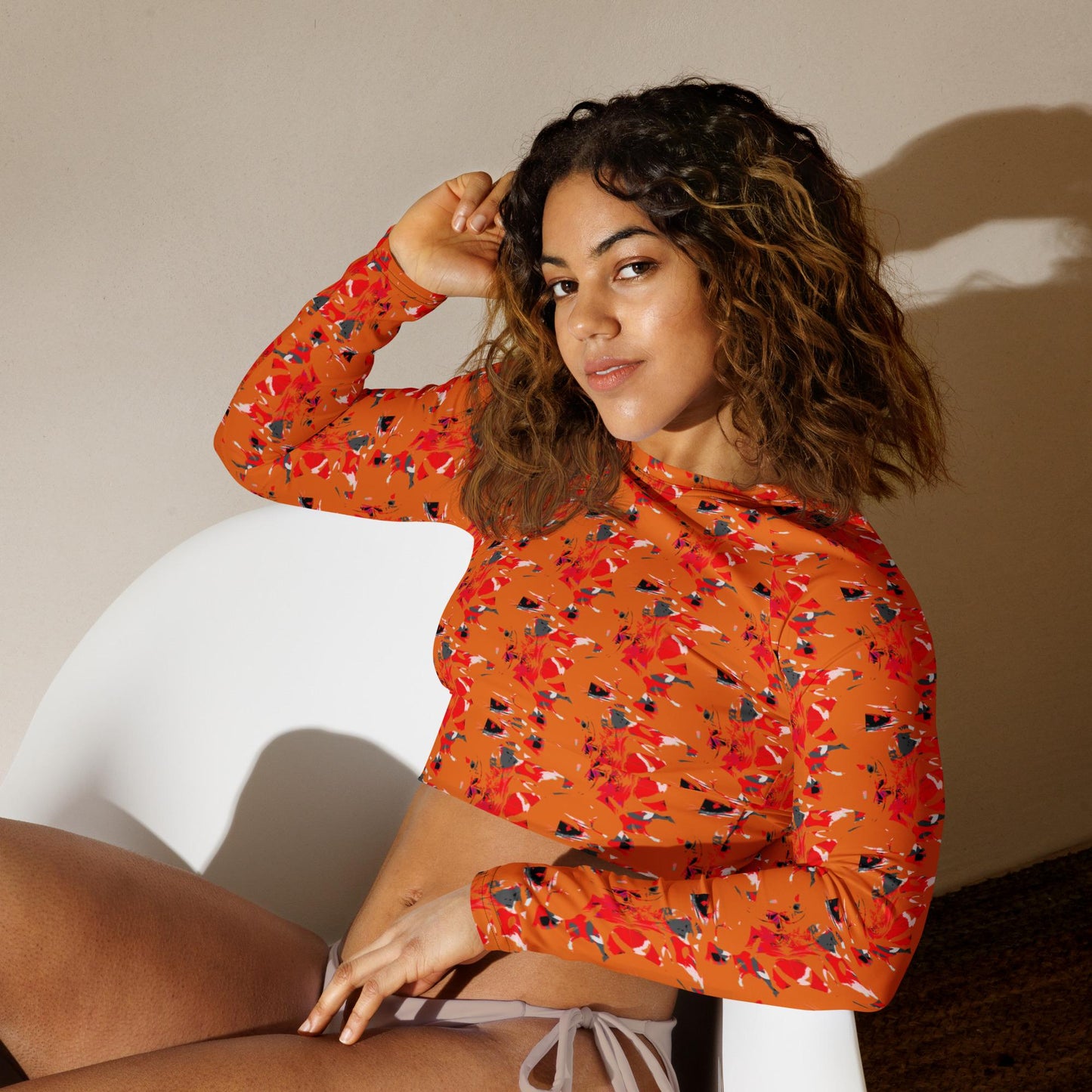 Recycled Orange Crop Top: Abstract Print, Long Sleeve