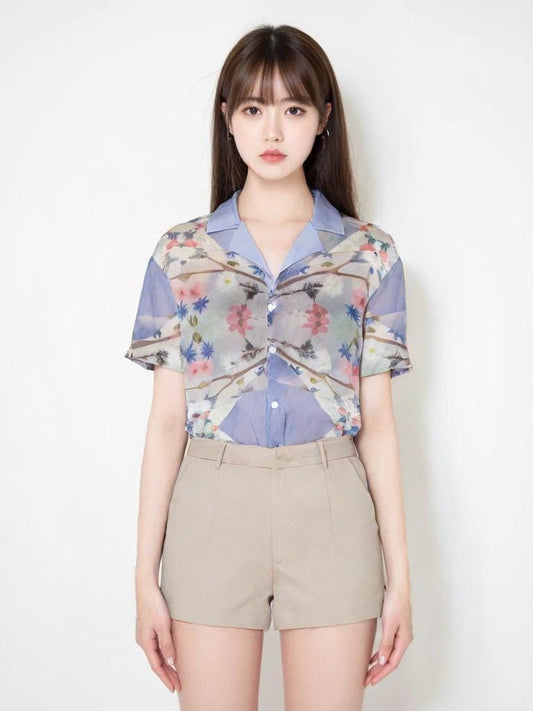 Vintage Floral Short Sleeve Blouse – Retro Blue Button-Up Shirt for Women