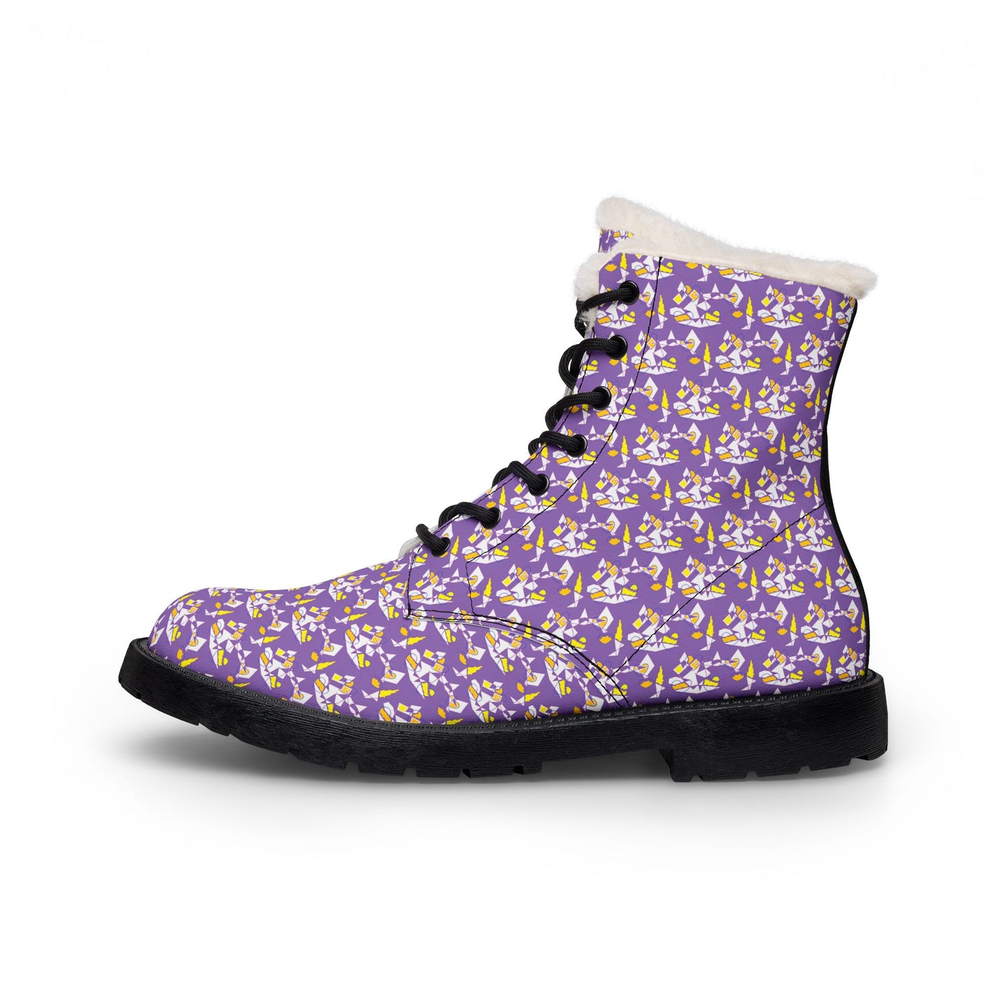 Purple Floral Fur-Lined Leather Boots — Women's Cozy Winter Lace-Up Boots