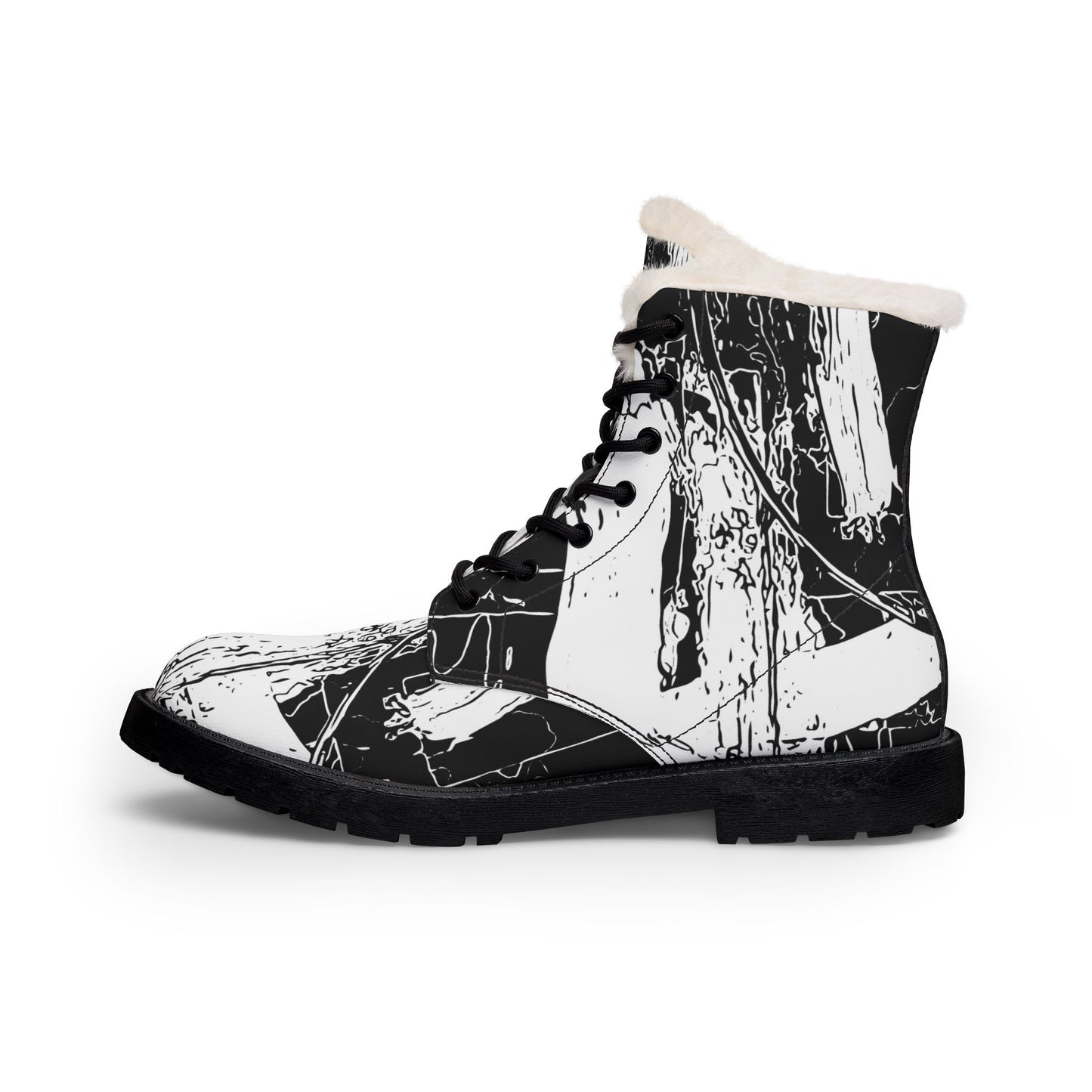 Black and White Abstract Boots Women's Fur and Leather Boots