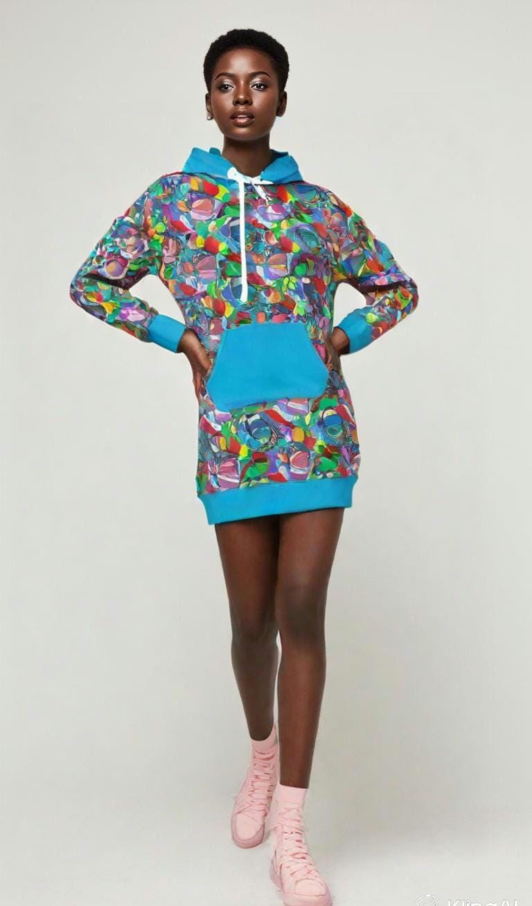 Colourful Print Hoodie Dress - Women's Casual Lounge Wear