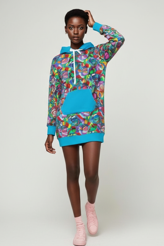 Colourful Print Hoodie Dress - Women's Casual Lounge Wear