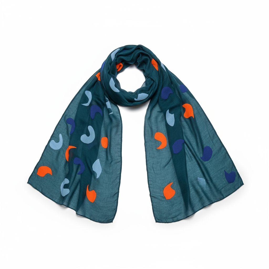 Teal Moon Phase Scarf – Soft Wool Blend Shawl with Abstract Crescent Pattern | Elegant Winter Wrap for Women | Cozy Gift Idea