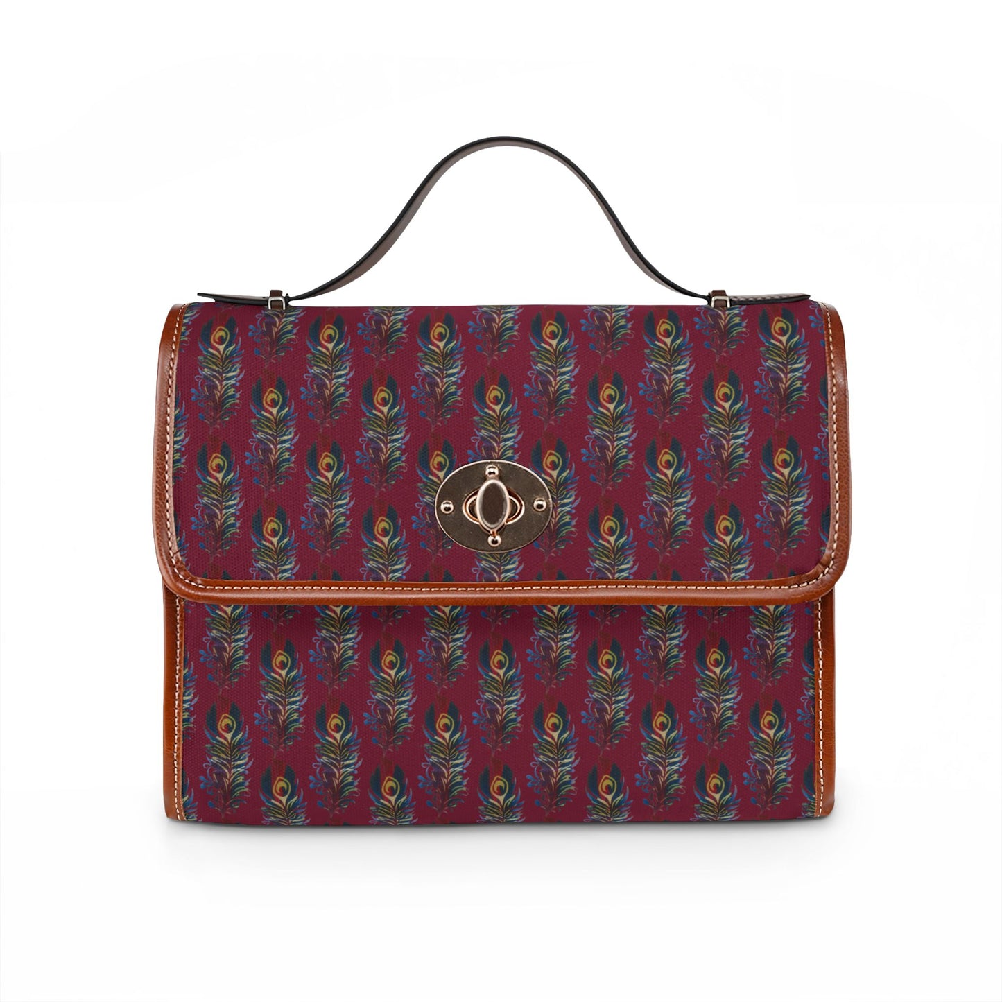Canvas Bag — Waterproof Burgundy Peacock Feather Print Shoulder Bag