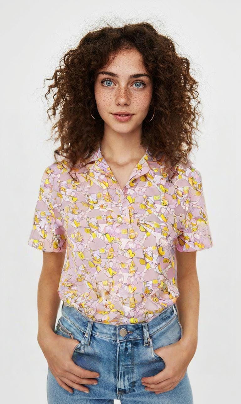 Vintage Pink Floral Button-Up Blouse: Retro Spring Shirt