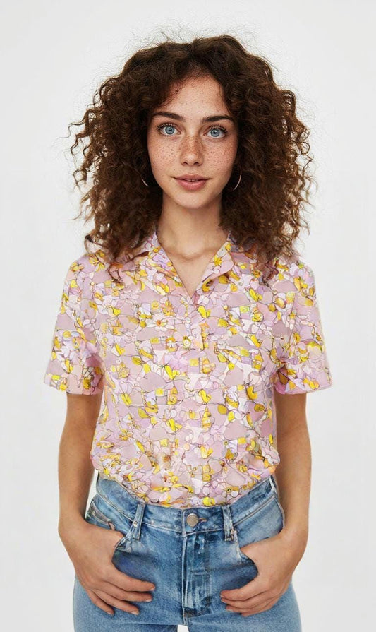 Vintage Pink Floral Button-Up Blouse: Retro Spring Shirt