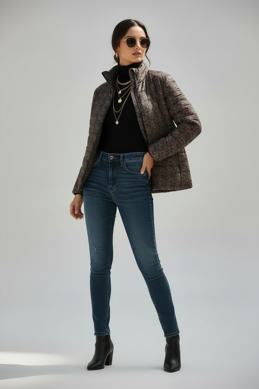 Women’s Puffer Jacket — All-Over Retro Abstract Print, Lightweight Winter Coat