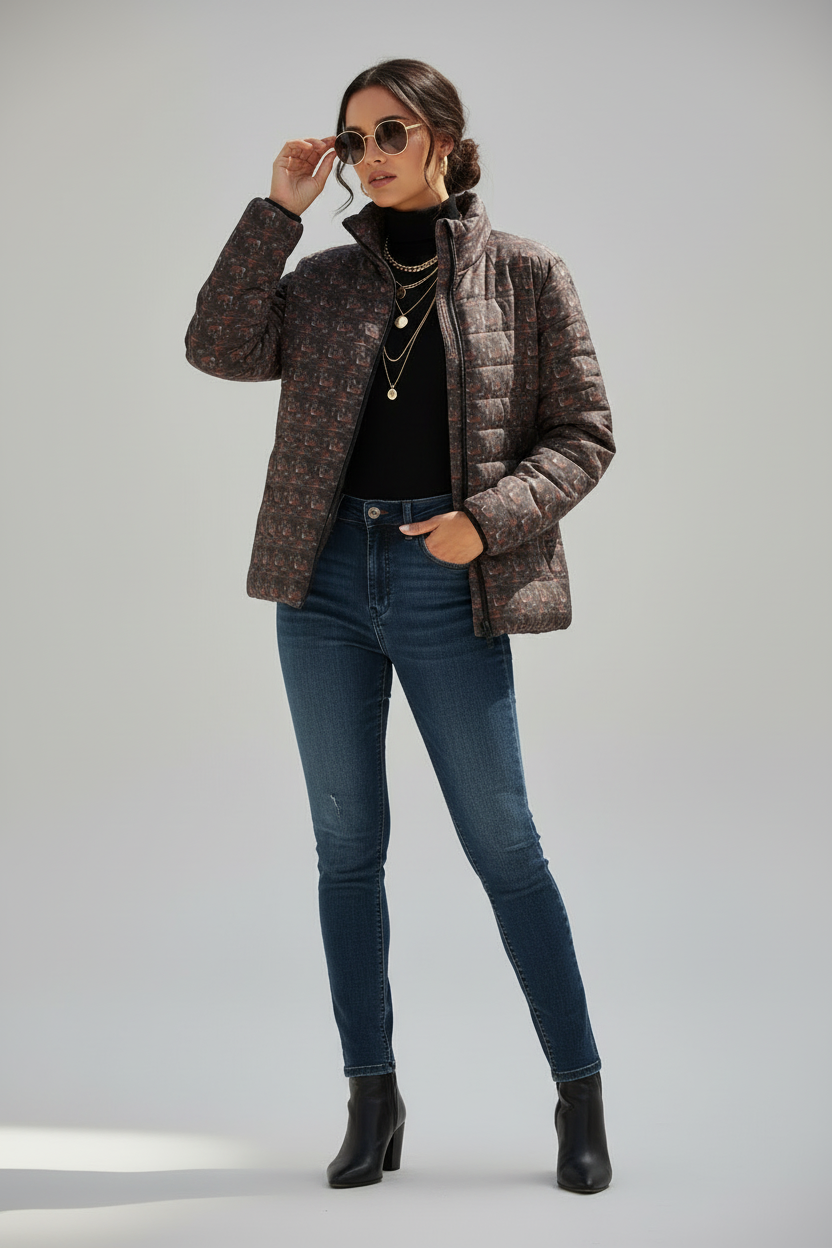 Women’s Puffer Jacket — All-Over Retro Abstract Print, Lightweight Winter Coat