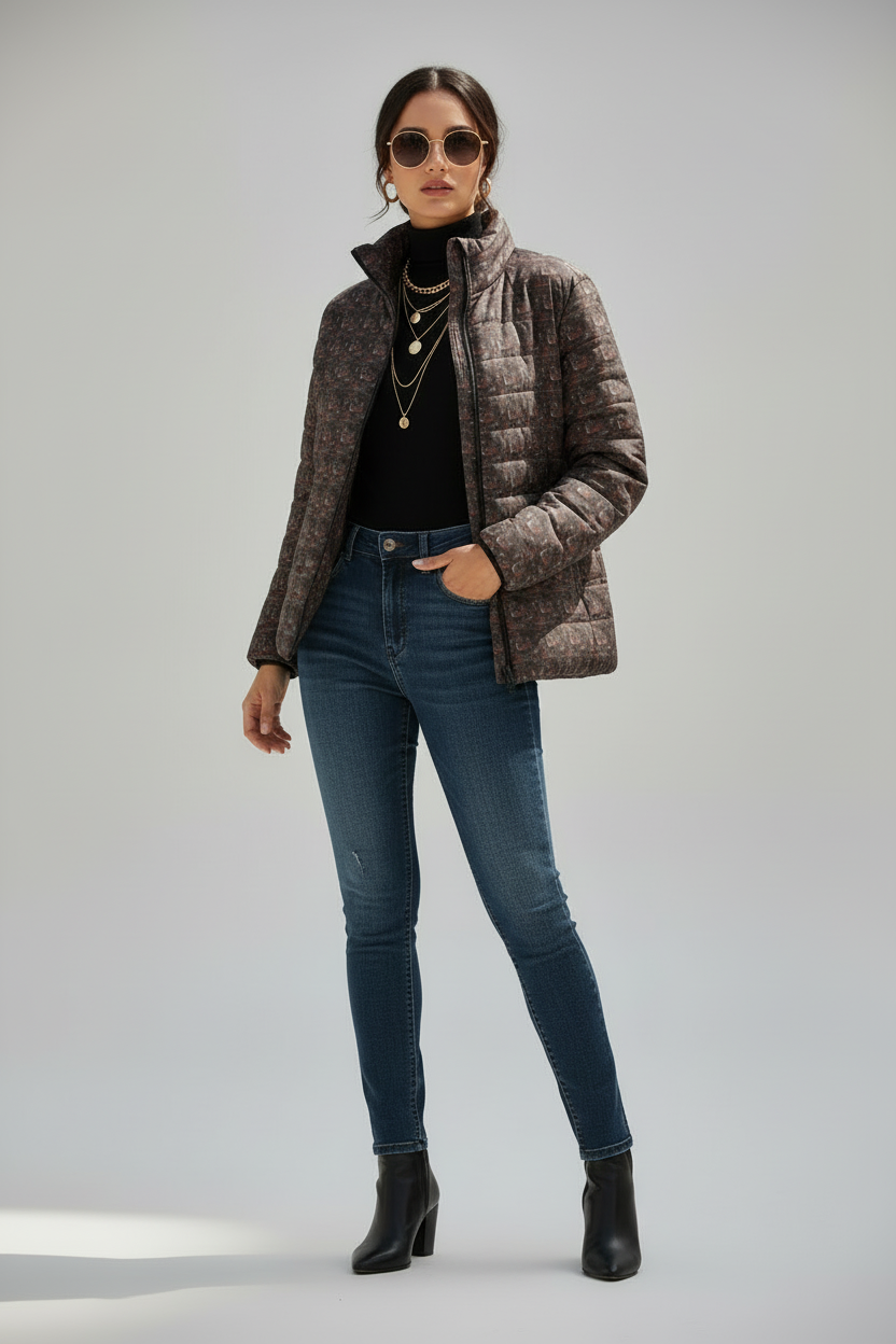 Women’s Puffer Jacket — All-Over Retro Abstract Print, Lightweight Winter Coat