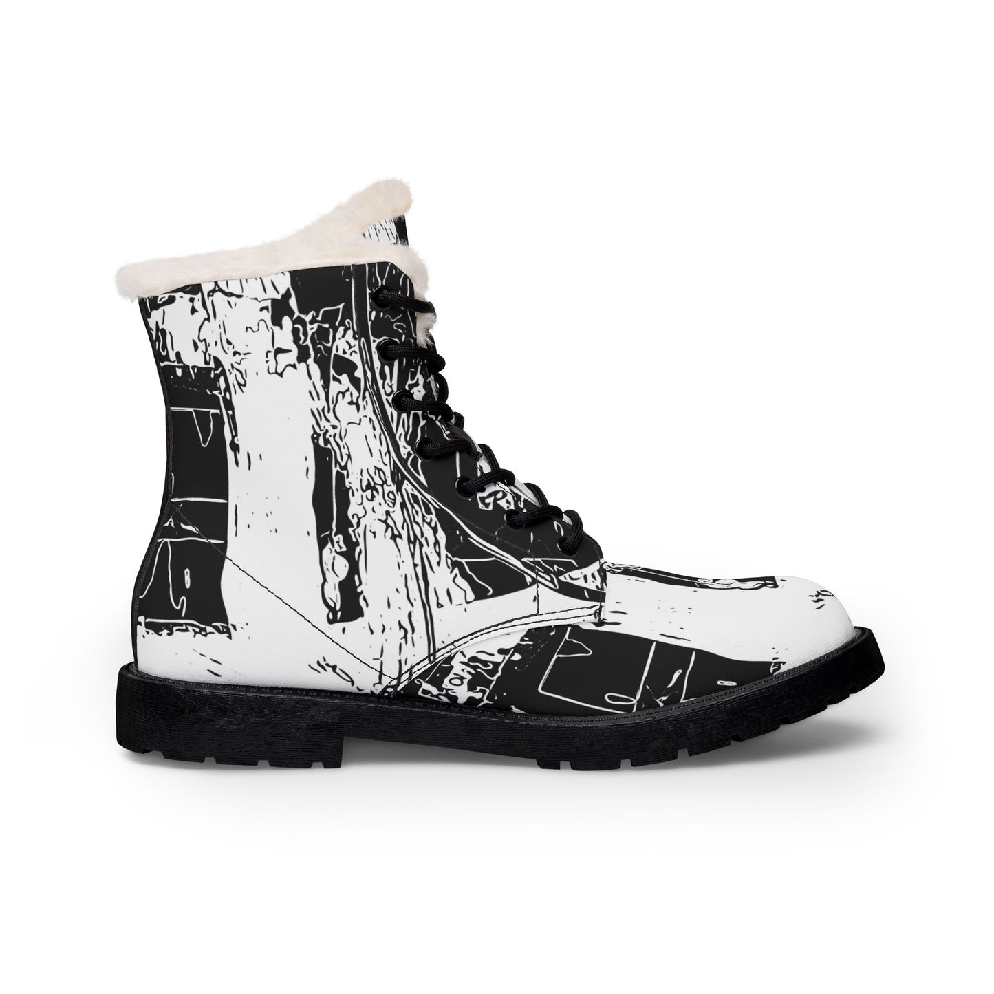 Black and White Abstract Boots Women's Fur and Leather Boots