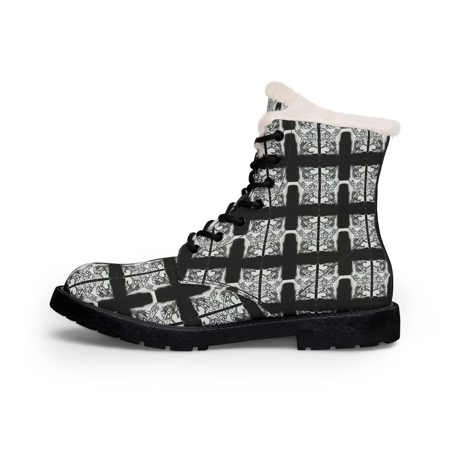 Faux Fur-Lined Leather Combat Boots — Black Plaid Winter Boots for Women