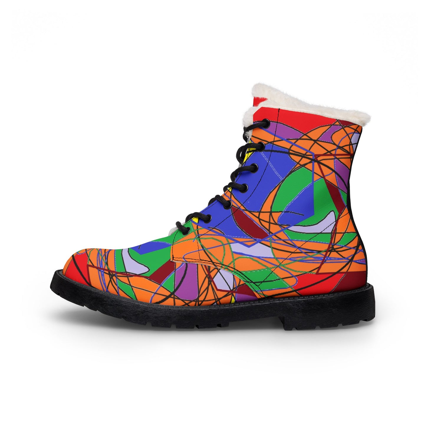 Colorful Abstract Fur-Lined Boots — Women's Leather Winter Boots