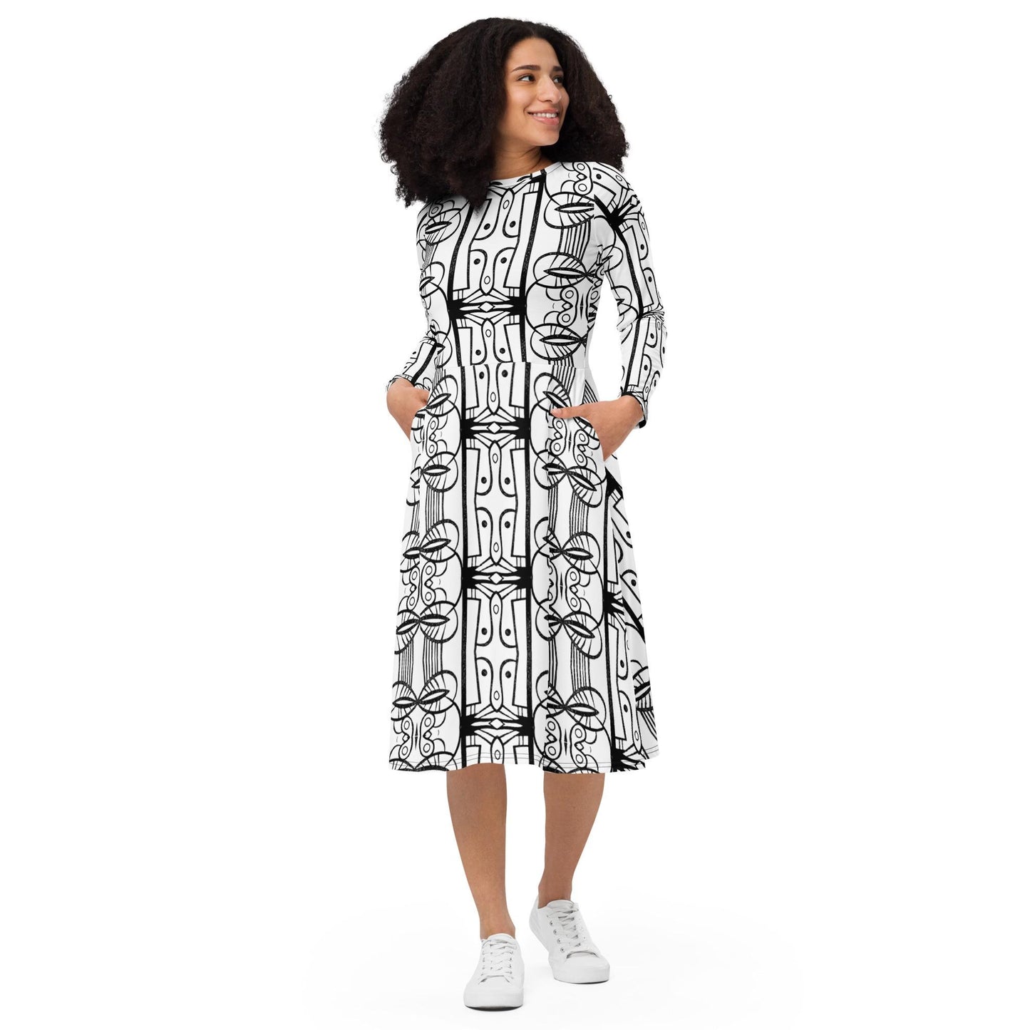 long sleeve midi dress abstract black and white print, casual dress