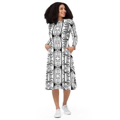 long sleeve midi dress abstract black and white print, casual dress