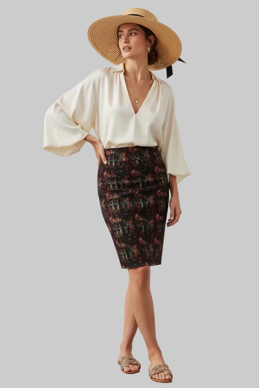 Dark Floral Gothic Pencil Skirt — Red & Black All-Over Print