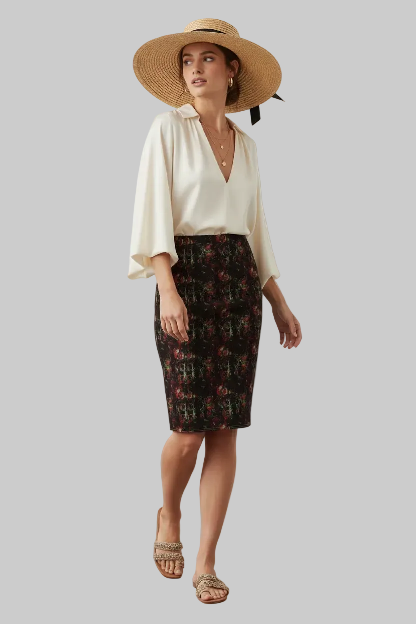 Dark Floral Gothic Pencil Skirt — Red & Black All-Over Print