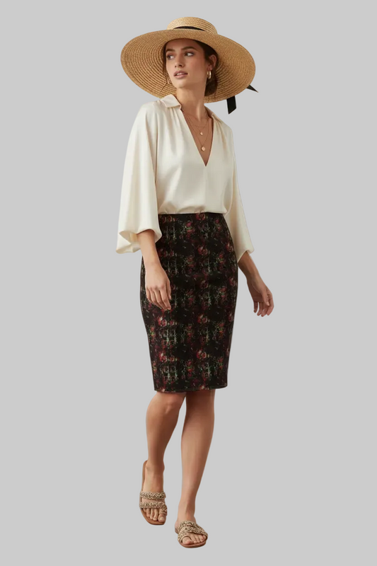 Dark Floral Gothic Pencil Skirt — Red & Black All-Over Print